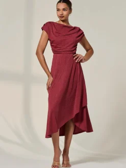 Jolie Moi Asymmmetric Draped Midi Dress Red
