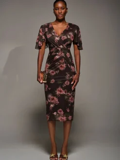 Jolie Moi Red Print Mesh Angel Sleeve Bodycon Midi Dress