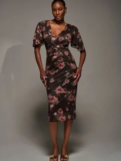 Jolie Moi Red Print Mesh Angel Sleeve Bodycon Midi Dress