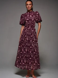 Jolie Moi Puffy Sleeve Printed Mesh Maxi Dress Red Best