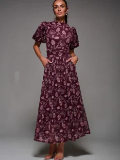 Jolie Moi Puffy Sleeve Printed Mesh Maxi Dress Red Best