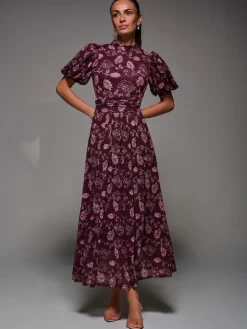 Jolie Moi Puffy Sleeve Printed Mesh Maxi Dress Red Best