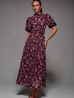 Jolie Moi Puffy Sleeve Printed Mesh Maxi Dress Red Best