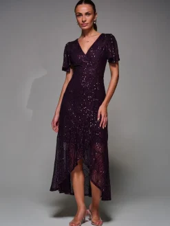 Jolie Moi Red Sequin Angel Sleeve Ruffle Hem Maxi Dress Hot