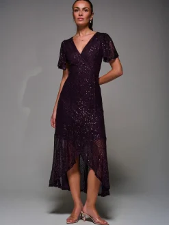 Jolie Moi Red Sequin Angel Sleeve Ruffle Hem Maxi Dress Hot