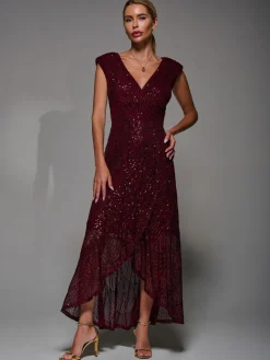 Jolie Moi Red Sequin Asymmetric Ruffle Hem Maxi Dress Discount