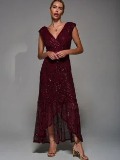 Jolie Moi Red Sequin Asymmetric Ruffle Hem Maxi Dress Discount