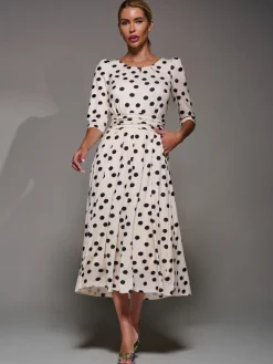 Jolie Moi Three Quarter Sleeve Jersey Midi Dress White / Brown