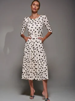 Jolie Moi Three Quarter Sleeve Jersey Midi Dress White / Brown