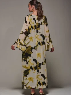 Jolie Moi Chiffon Long Sleeve Shift Maxi Dress Yellow Discount
