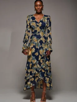 Jolie Moi Yellow Long Sleeve Ruffle Hem Mesh Maxi Dress Discount