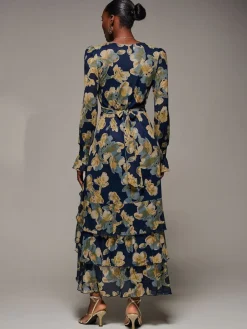 Jolie Moi Yellow Long Sleeve Ruffle Hem Mesh Maxi Dress Discount