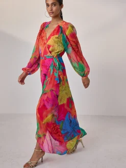 Next Kew Collection Bright Floral Occasion Long Sleeve Wrap Midi Dress