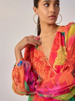 Next Kew Collection Bright Floral Occasion Long Sleeve Wrap Midi Dress