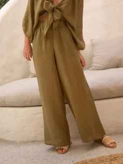 Next Khaki Green 100% Linen Premium Wide Leg Trousers