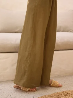 Next Khaki Green 100% Linen Premium Wide Leg Trousers