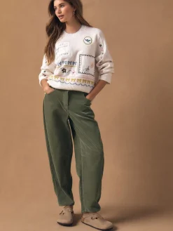 Next Cord Barrel Leg Trousers Khaki Green Sale