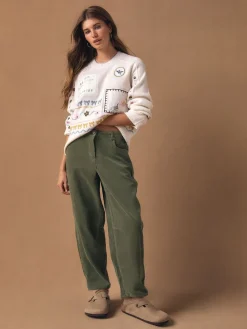 Next Cord Barrel Leg Trousers Khaki Green Sale