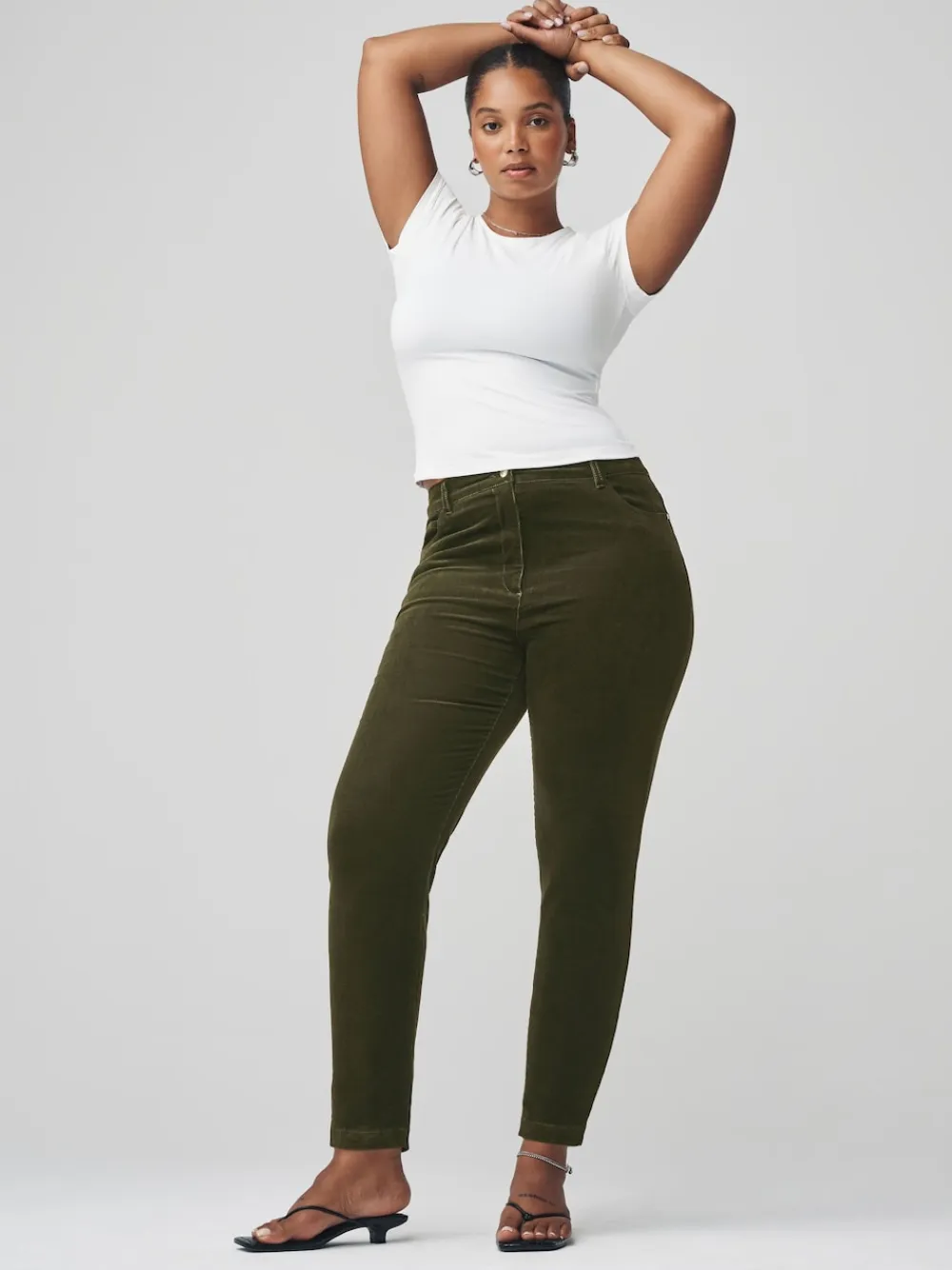 Next Cord Skinny Hourglass Trousers Khaki Green Clearance