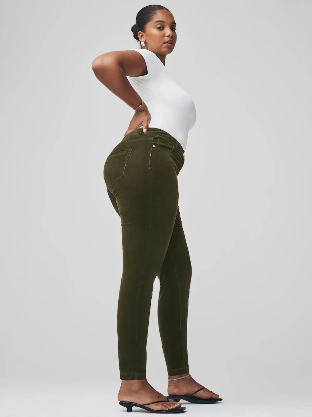 Next Cord Skinny Hourglass Trousers Khaki Green Clearance