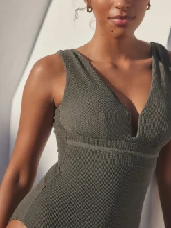 Next Khaki Green Glitter Plunge Shaping Tummy Control Swimsuit Outlet