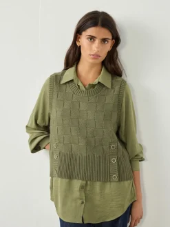 Next Knitted Tank Shirt Layer With Button Detail Khaki Green Sale