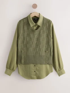 Next Knitted Tank Shirt Layer With Button Detail Khaki Green Sale
