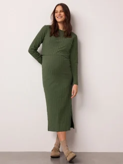 Next Maternity Long Sleeve Nursing Shelf Dress Khaki Green Best