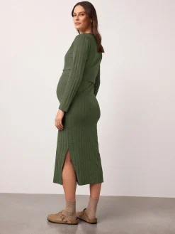 Next Maternity Long Sleeve Nursing Shelf Dress Khaki Green Best