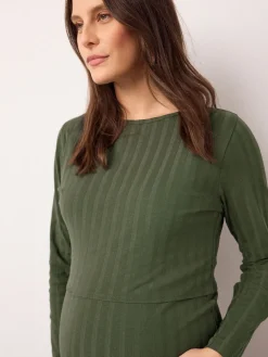 Next Maternity Long Sleeve Nursing Shelf Dress Khaki Green Best