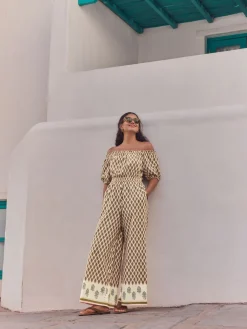 Next Off Shoulder 100% Cotton Wide Leg Jumpsuit Khaki Green Outlet