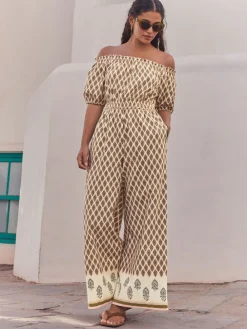 Next Off Shoulder 100% Cotton Wide Leg Jumpsuit Khaki Green Outlet