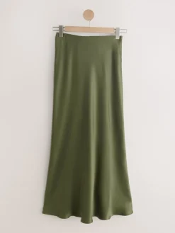 Next Khaki Green Satin Midi Skirt Online