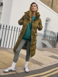 Next Khaki Green Shower Resistant Padded Hooded Longline Coat New