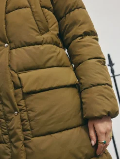 Next Khaki Green Shower Resistant Padded Hooded Longline Coat New