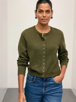 Next Khaki Green Slim Supersoft Crew Neck Cardigan with Wool Best