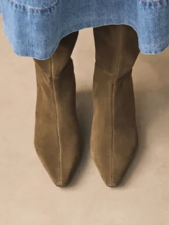 Next Forever Comfort® Knee High Chisel Toe Heeled Boots Khaki Green Suede Sale