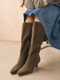 Next Forever Comfort® Knee High Chisel Toe Heeled Boots Khaki Green Suede Sale