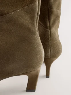 Next Forever Comfort® Knee High Chisel Toe Heeled Boots Khaki Green Suede Sale