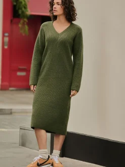 Next Super Soft V-Neck Midi Dress With Wool Khaki Green