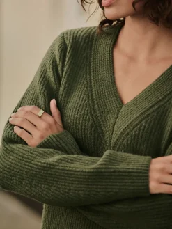 Next Super Soft V-Neck Midi Dress With Wool Khaki Green