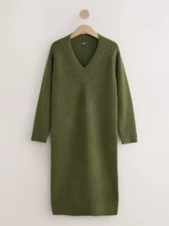 Next Super Soft V-Neck Midi Dress With Wool Khaki Green