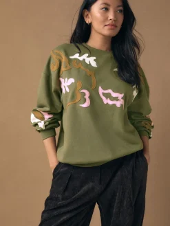 Next Sweatshirt with Appliqué Details Khaki Green Clearance