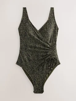 Next Khaki Green/Black Ruched Side Tummy Shaping Control Swimsuit Hot