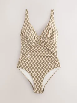 Next Utrim Tummy Control Plunge Swimsuit Khaki Green/Cream Foil Woodblock Online