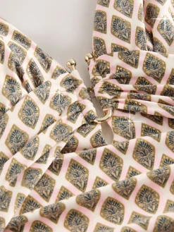 Next Utrim Tummy Control Plunge Swimsuit Khaki Green/Cream Foil Woodblock Online