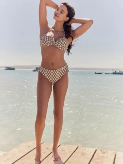 Next Khaki Green/Cream Foil Woodblock Padded Wired Plunge Bikini Top Hot