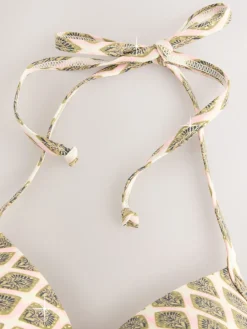 Next Khaki Green/Cream Foil Woodblock Padded Wired Plunge Bikini Top Hot