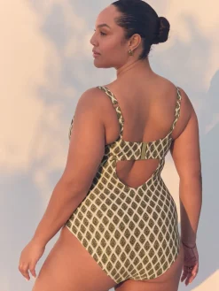 Next F-K Underwired Tummy Control Swimsuit Khaki Green/Cream Foil Woodblock Online