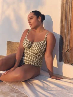 Next F-K Underwired Tummy Control Swimsuit Khaki Green/Cream Foil Woodblock Online